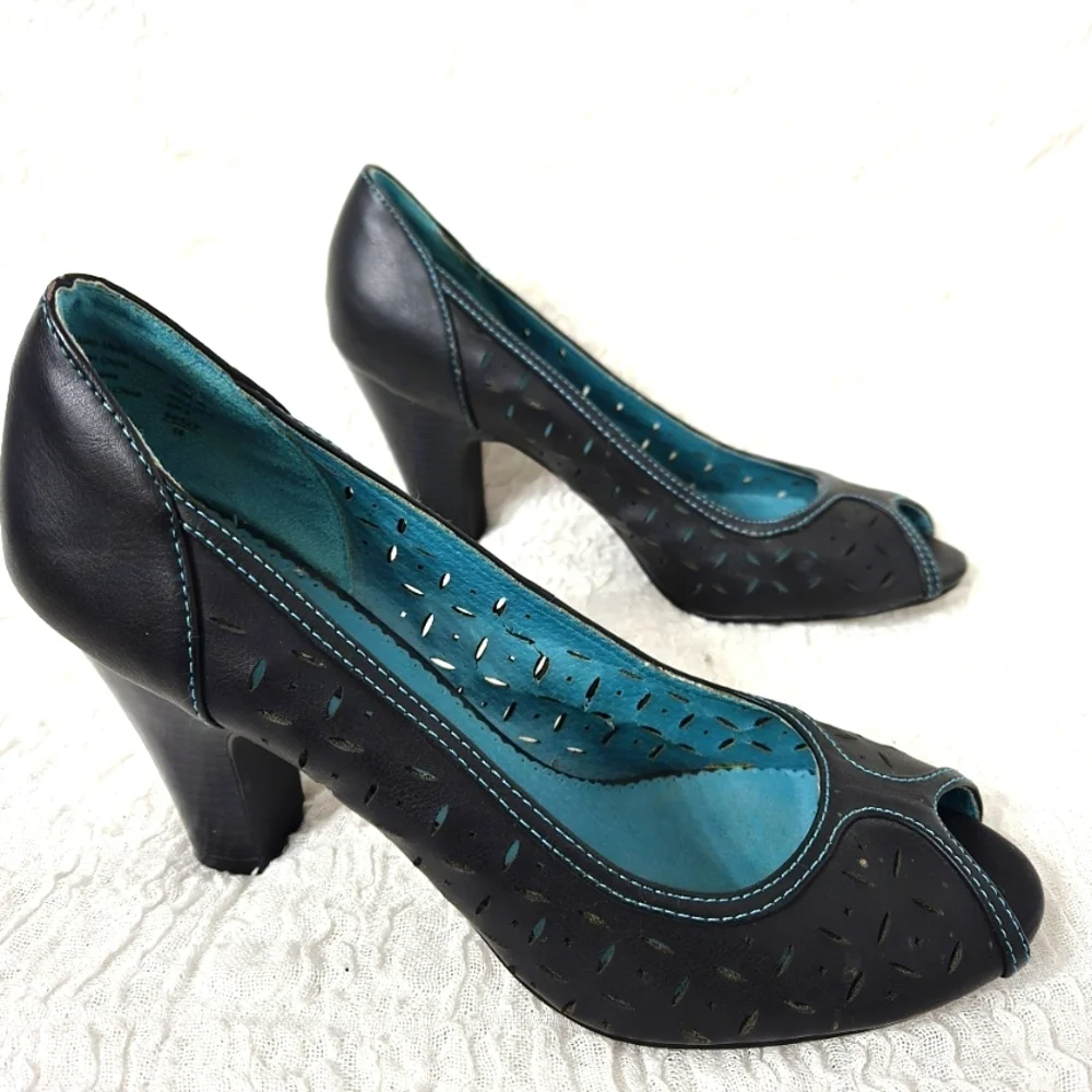 Women's Black Sz 9.5 High Heels pumps cut‎ out design Peep Toe Officecore